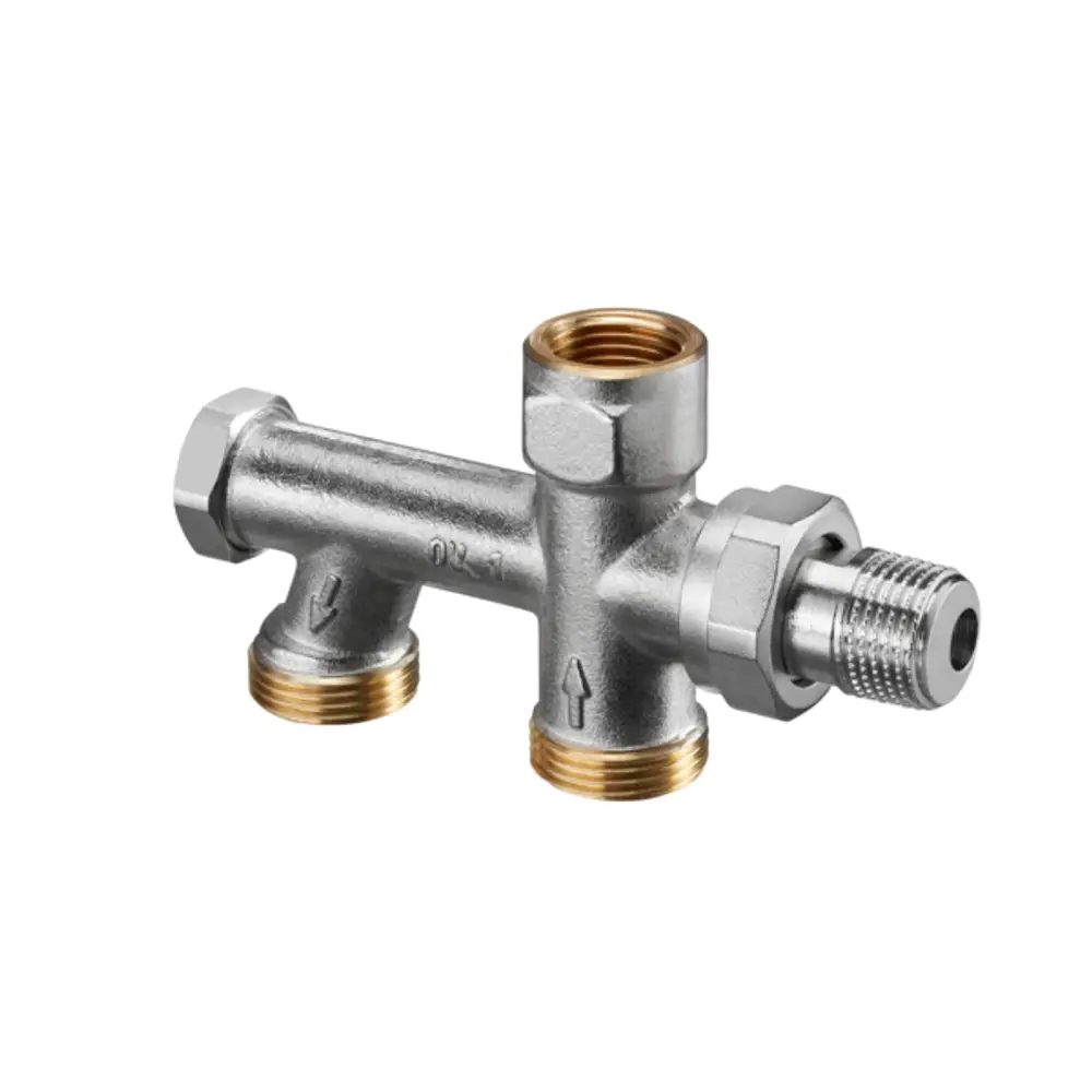 Oventrop Einrohr-Anschlussstück mit drei Anschlüssen, einer mit regulierbarem Bypass und Absperrung, aus Metall mit unterschiedlichen Gewindegrößen.